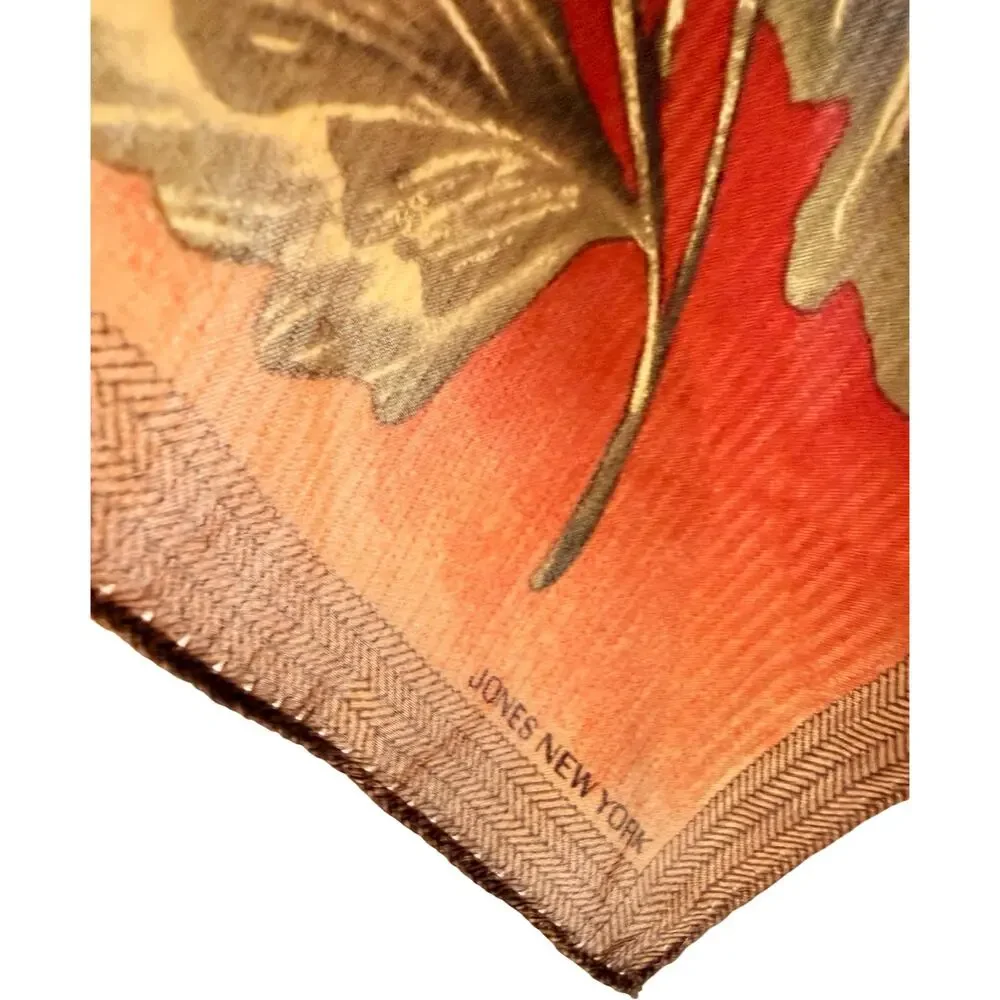 Vintage Jones New York Silk Floral Scarf 1990s Orange Red Chrysanthemum 11x52
